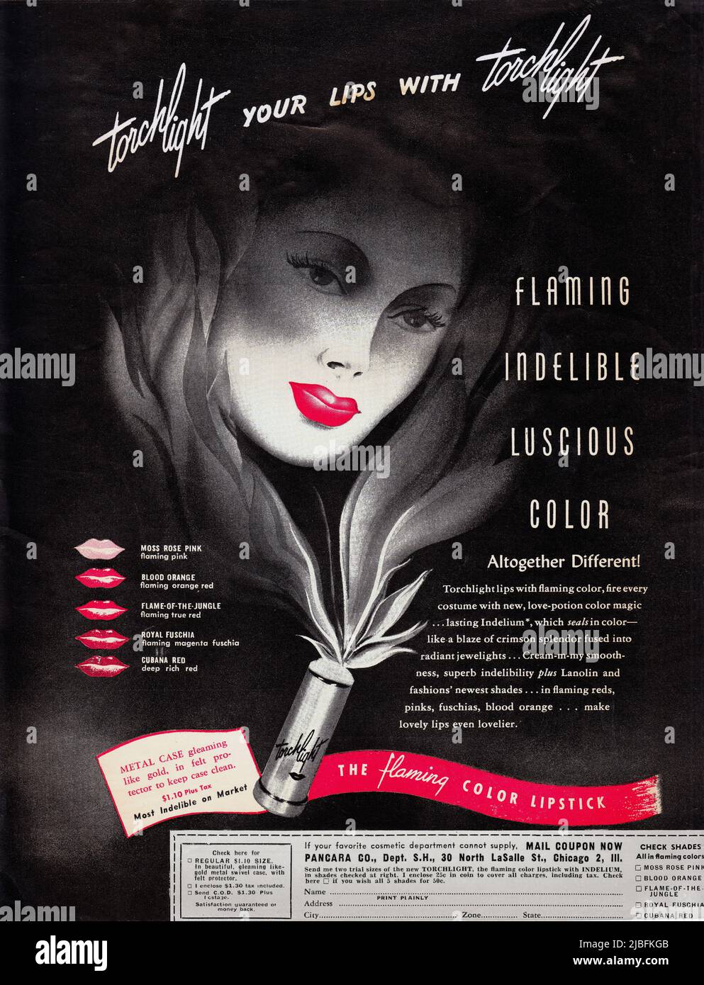 Una pubblicità a rossetto a colori in una rivista musicale del 1946. Per il rossetto Torchlight della società Pancara a Chicago. Foto Stock