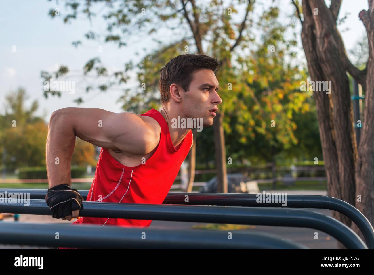 Fit uomo allenamento braccia su salti barre orizzontali allenamento triceps e bicipiti facendo spingere verso l'esterno Foto Stock