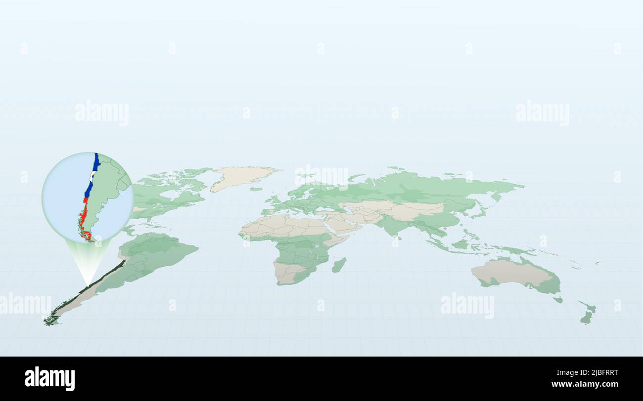 Mappa del mondo in prospettiva che mostra la posizione del paese Cile con mappa dettagliata con bandiera del Cile. Illustrazione vettoriale. Illustrazione Vettoriale