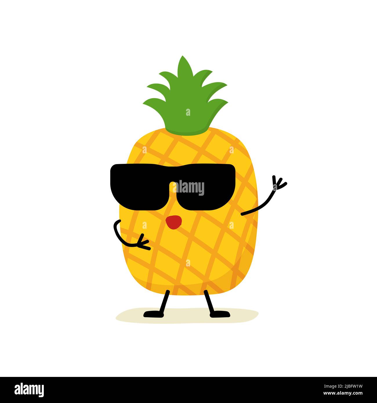 carattere ananas, frutta. Stile comico simpatico e divertente. Illustrazione vettoriale cartoon piatto isolato su sfondo bianco. Ananas giallo e maturo chara Illustrazione Vettoriale