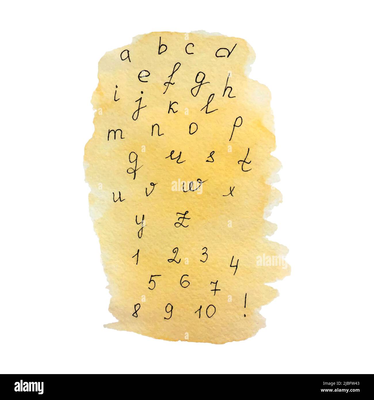 Acquerello dell'alfabeto, lettere e numeri su sfondo acquerello, illustrazione vettoriale dell'art Illustrazione Vettoriale