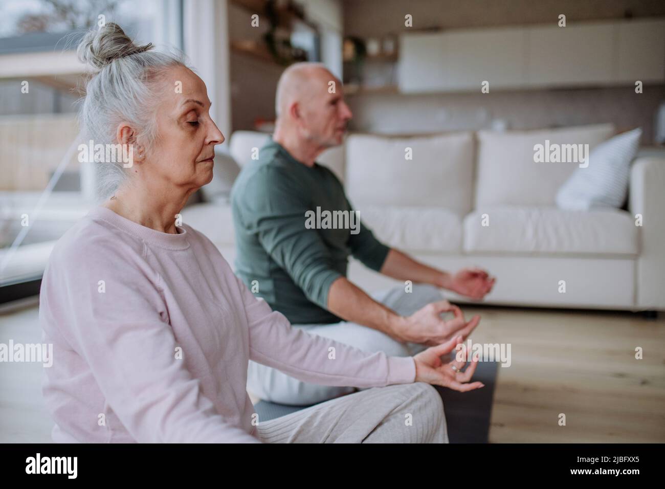 Una coppia anziana che fa l'esercitazione di rilassamento insieme nel paese. Foto Stock