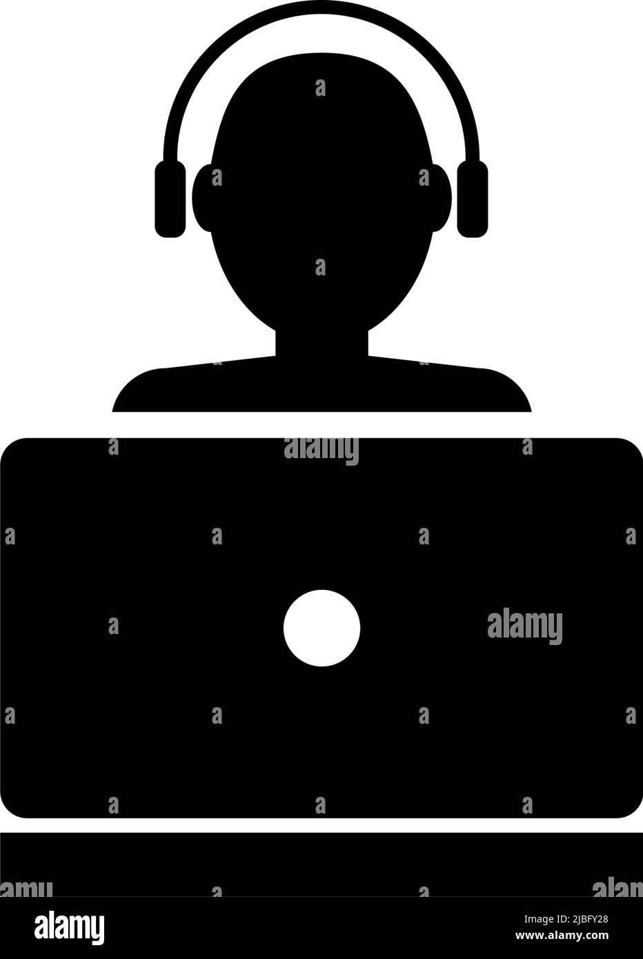 Blogger in cuffie con notebook, Gamer Hacker. Illustrazione dell'icona del vettore piatto. Semplice simbolo nero su sfondo bianco. Sviluppatore blogger e notebook Illustrazione Vettoriale