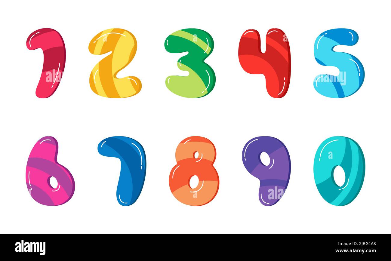 Coloratissimi numeri cartoni animati 1-10 per bambini, modello carta di compleanno. Set di illustrazioni vettoriali isolato su sfondo bianco. Numeri 1, 2, 3, 4, 5, 6, 7, 8, 9, 0. Illustrazione Vettoriale