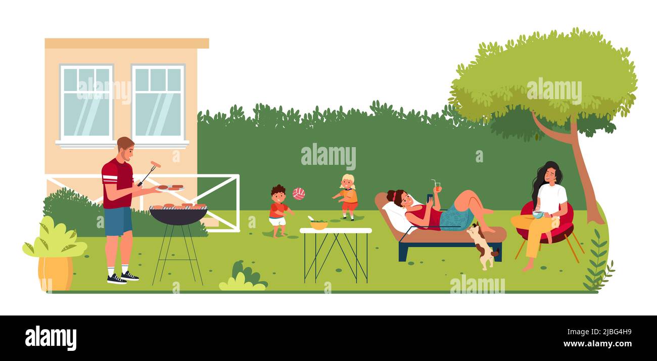 Famiglia felice o amici con i bambini che trascorrono il tempo in cortile al barbecue o al picnic. Madre, padre e bambini che svolgono attività ricreative in giardino. Illustrazione vettoriale cartoon piatto. Illustrazione Vettoriale