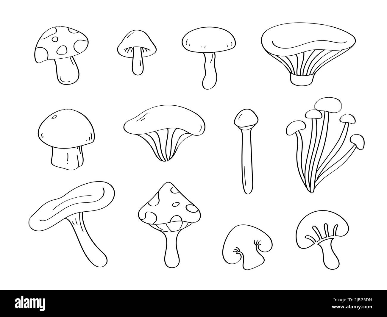 Simpatico doodle funghi cartoon icone e oggetti. Illustrazione Vettoriale