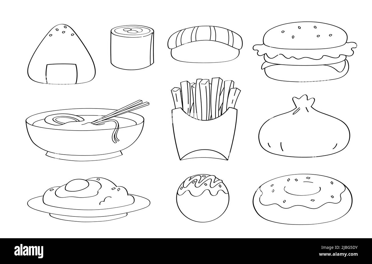 Carino Doodle cibo cartoon icone e oggetti. Illustrazione Vettoriale