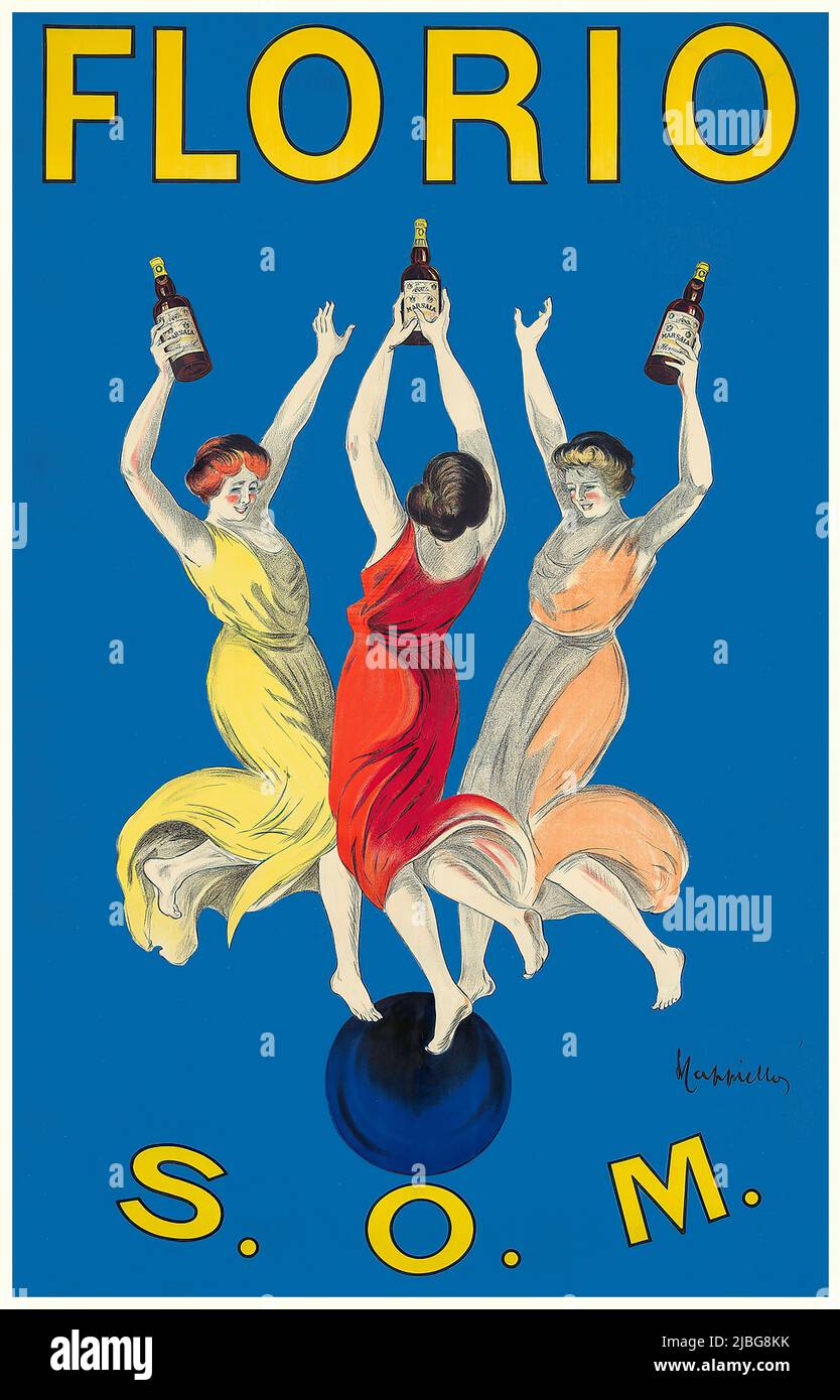 A volgere del 20th secolo il manifesto pubblicitario italiano di Leonetto Cappiello (1875-1942), con tre donne che ballano - e ciascuna con una bottiglia di vino Florio Marsala, l'azienda è stata fondata a Marsala nel 1832 da Vincenzo Florio. Foto Stock