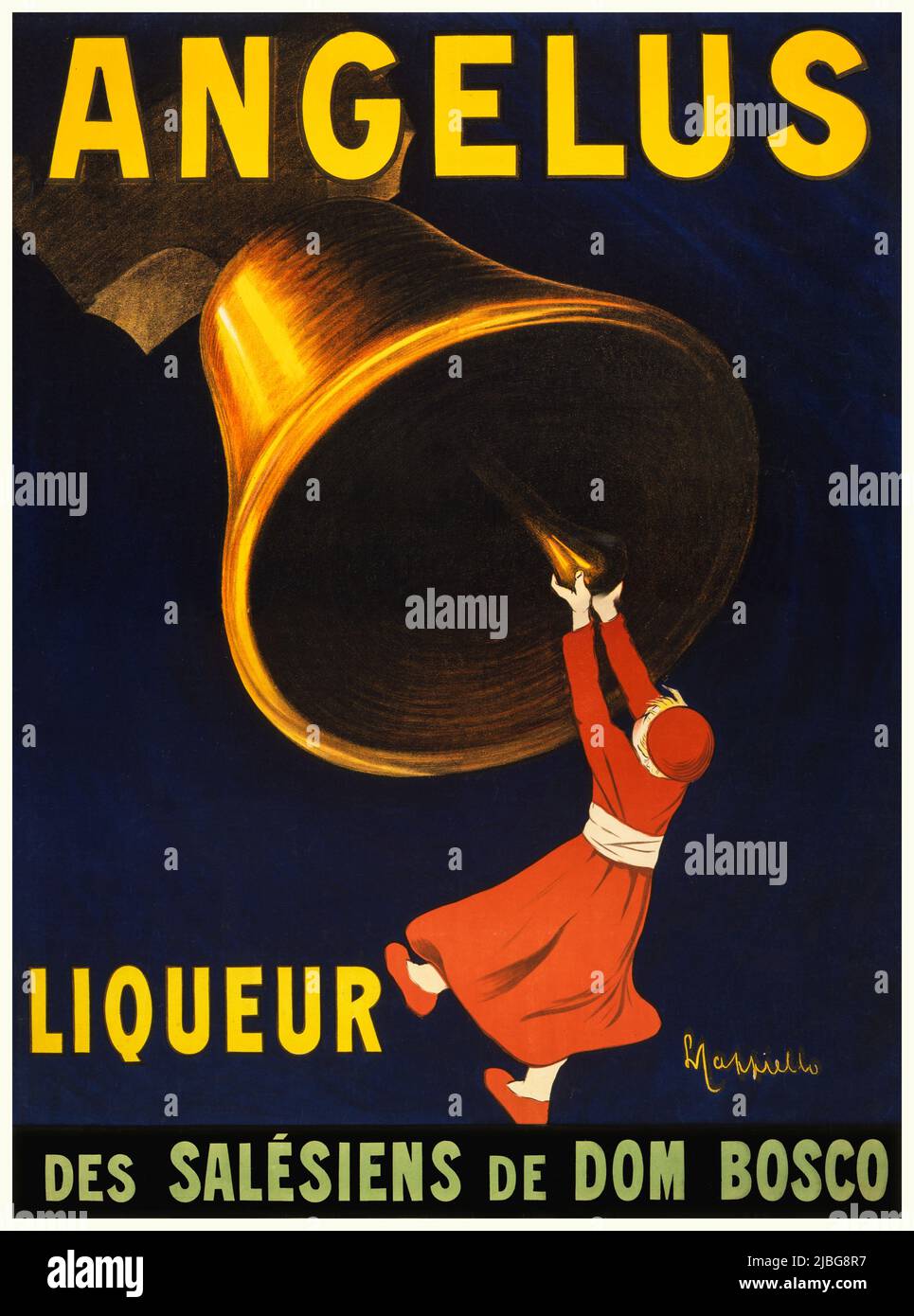 A fine 20th secolo, manifesto pubblicitario francese di Leonetto Cappiello (1875-1942), con qualcuno che tiene al cappero di una campana in una promozione per il liquore, Angêlus realizzato mescolando le essenze degli ingredienti naturali, principalmente arance amare e buccia d'arancia e cardamomo, E affinando la miscela in burro già condito con Sherry Foto Stock