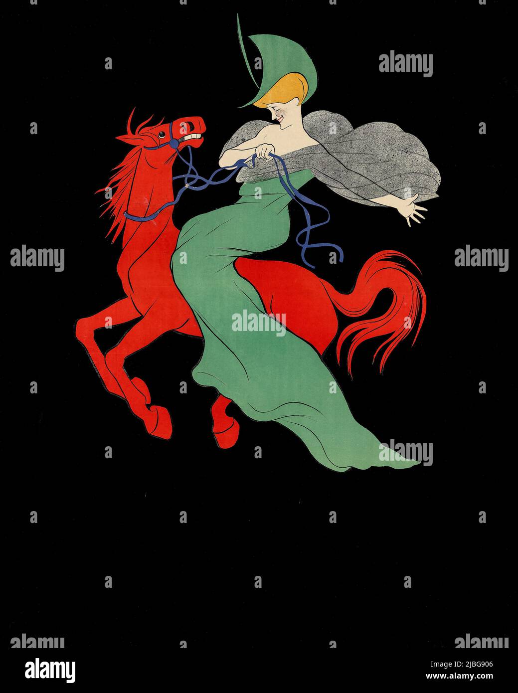 Un dettaglio senza testo di una svolta del 20th secolo, cartellone pubblicitario svizzero di Leonetto Cappiello (1875-1942). Con una donna in un abito verde si siede a cavallo di un cavallo rosso galoppante, originariamente promosse Chocolat Klaus. Il poster originale con il testo può essere visto a Alamy Image numero 2JBG8XE Foto Stock