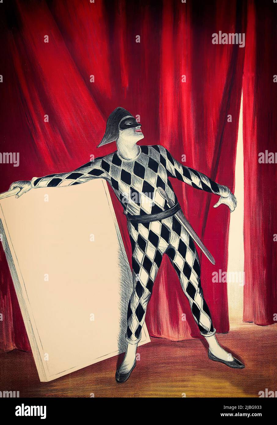 Un dettaglio di fine 20th secolo, il manifesto pubblicitario francese di Leonetto Cappiello (1875-1942). Originariamente progettato per il Theatre de e'Toile sugli Champs-Élysées di Parigi, in Francia, l'harlequin ha esposto una bacheca, dalla quale sono stati rimossi i dettagli del testo. Foto Stock