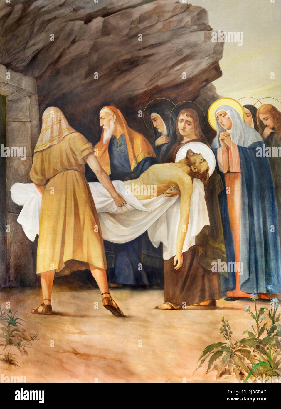 VALENCIA, SPAGNA - 17 FEBBRAIO 2022: La sepoltura pittorica di Gesù come parte della Via Crucis della chiesa Iglesia de Buen Pastor di Bellver Delmáy. Foto Stock