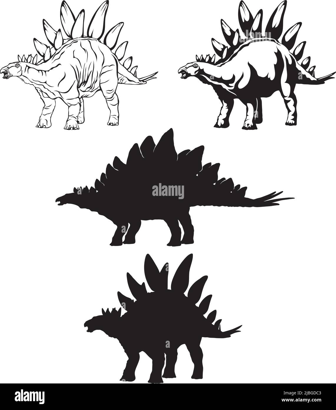 stegosaurus, immagine realistica del dinosauro, vettore, posizioni, illustrazione, bianco e nero, silhouette, logo, marchio, chevron per decorazione e desig Illustrazione Vettoriale