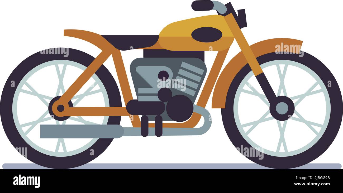 Moto gialla. Moto da corsa, veicolo classico, velocità estrema, ciclomotore urbano moderno o vintage, trasporto di viaggi e sport, motocross Illustrazione Vettoriale