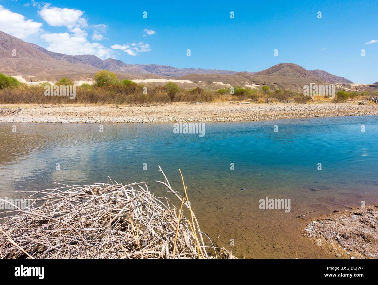 Fiume tra le montagne. Calmo trasparente ovda. Paesaggio estivo. Boom Gorge, Kirghizistan Foto Stock