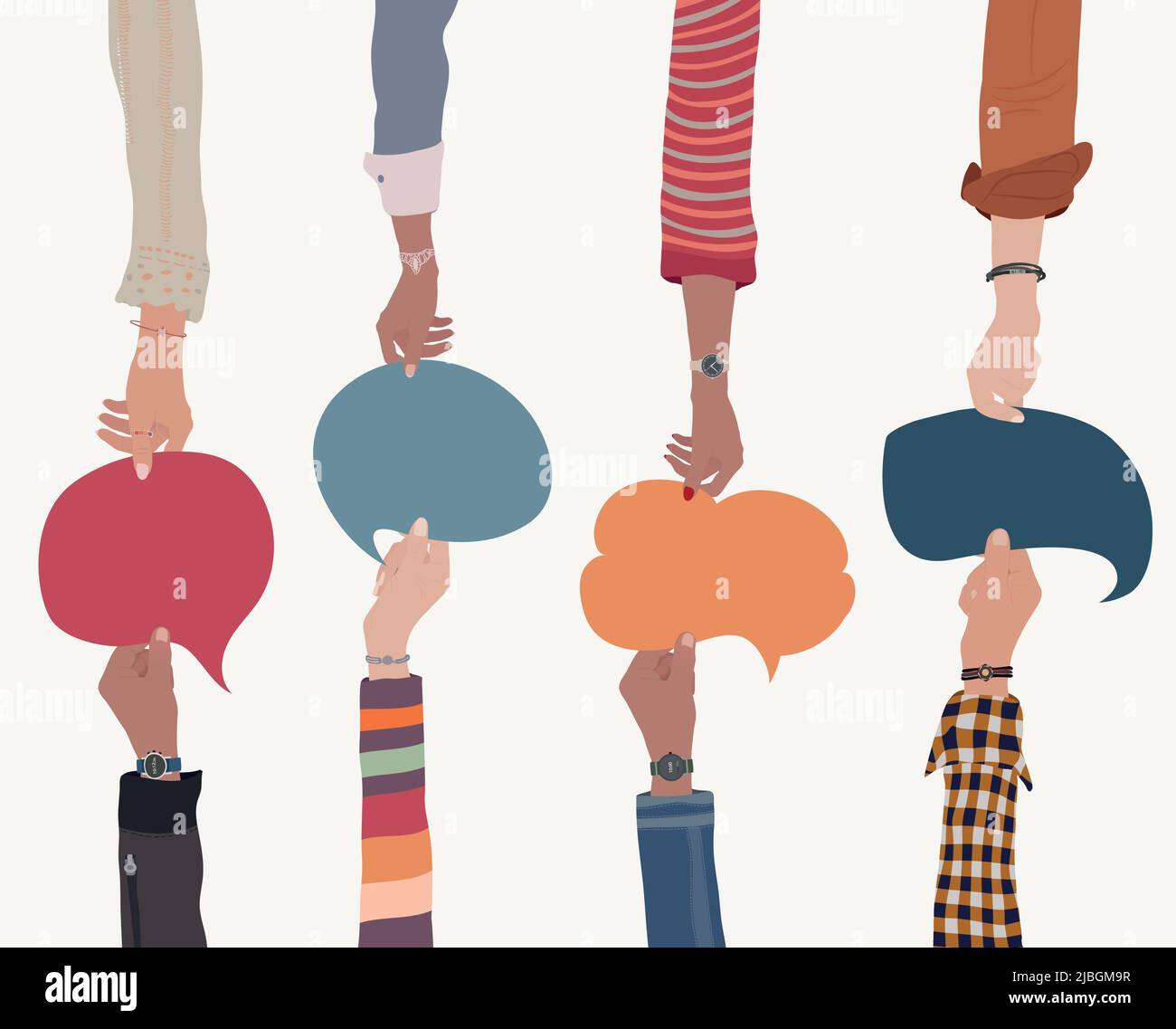 Accordo o relazione tra un gruppo di colleghi o collaboratori.Diversity persone che si scambiano information.Community.Arms e mani che tengono bolla Illustrazione Vettoriale