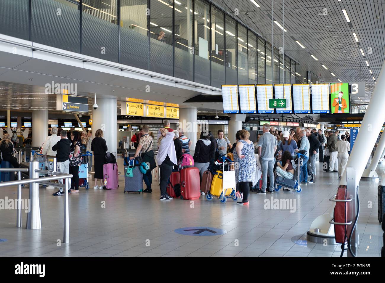 I viaggiatori aspettano in fila per il check-in all'aeroporto Schiphol di Amsterdam, uno degli aeroporti più trafficati del mondo Foto Stock
