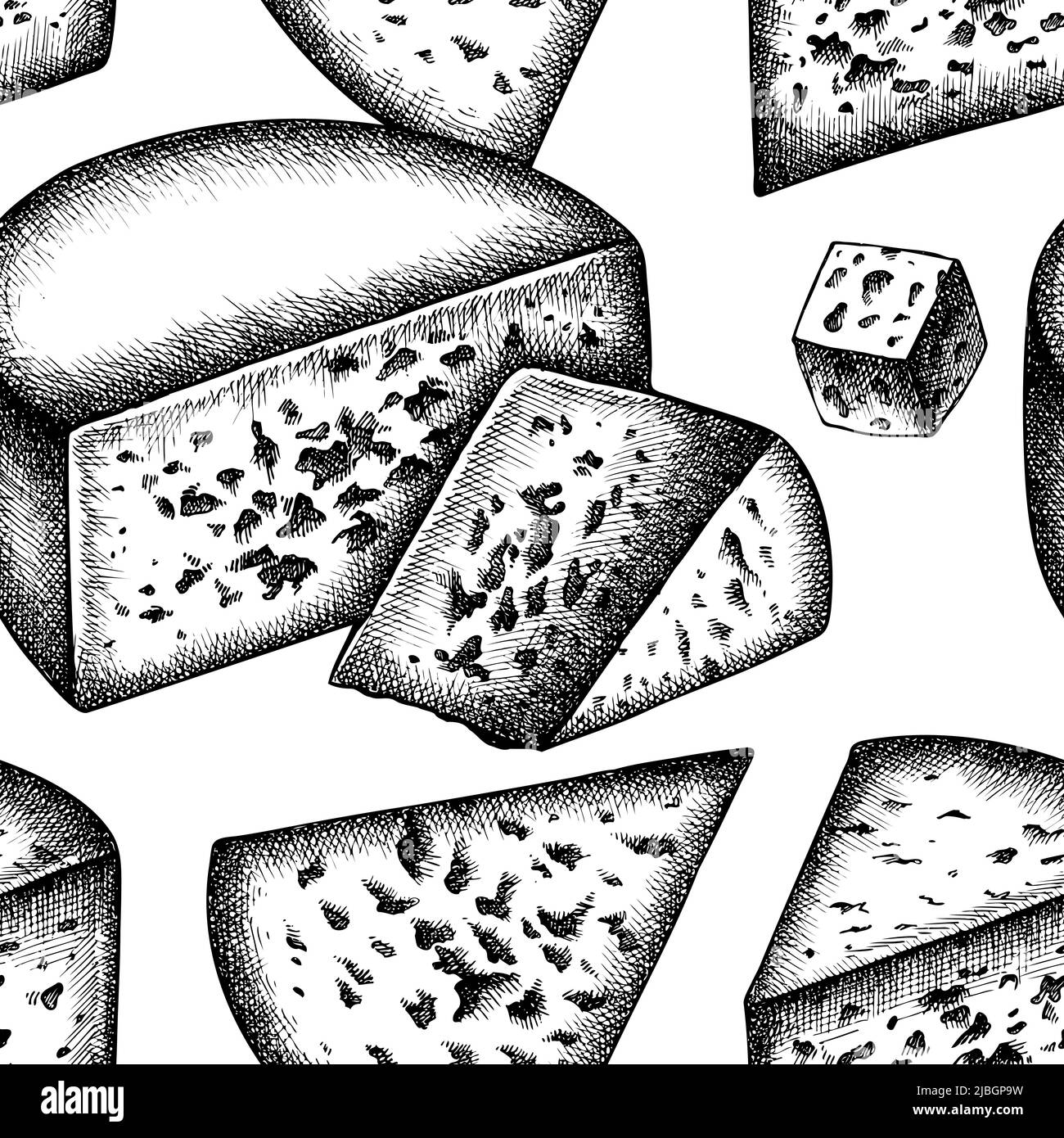 Design dello sfondo a forma di formaggio senza cuciture. Stile inciso. roquefort disegnato a mano. Illustrazione Vettoriale