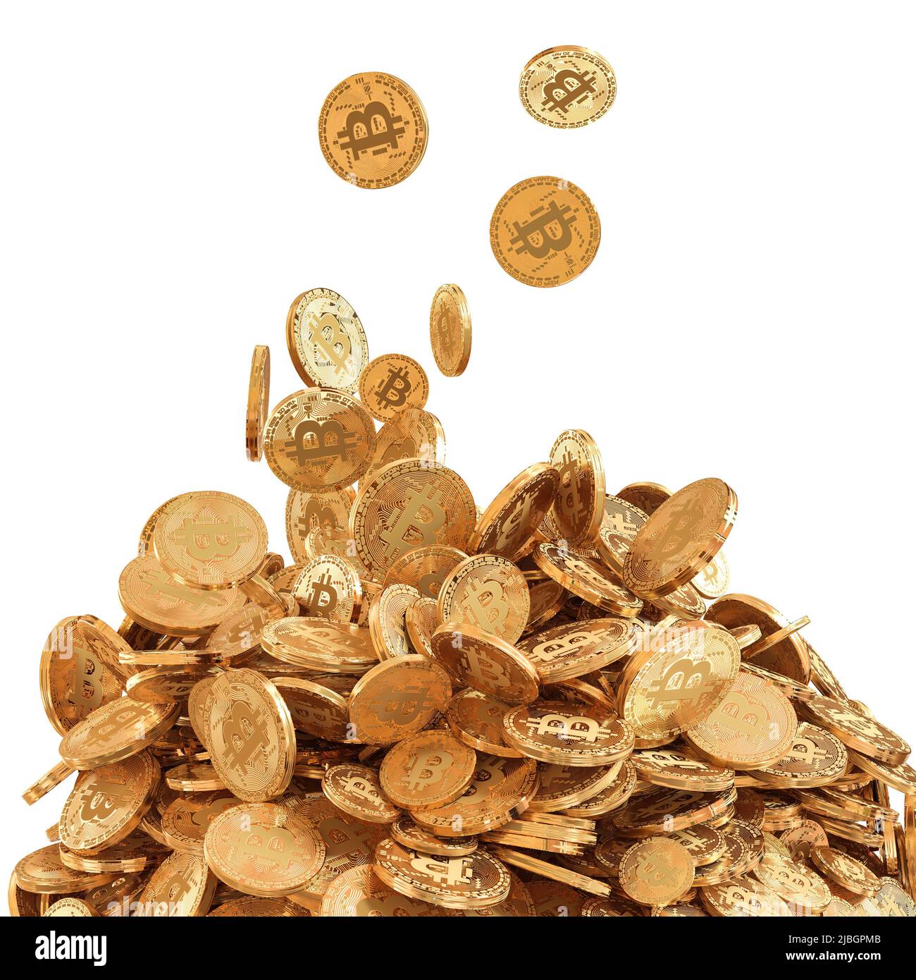 le monete in oro bitcoin si accumulano su sfondo bianco. 3d rendering Foto Stock