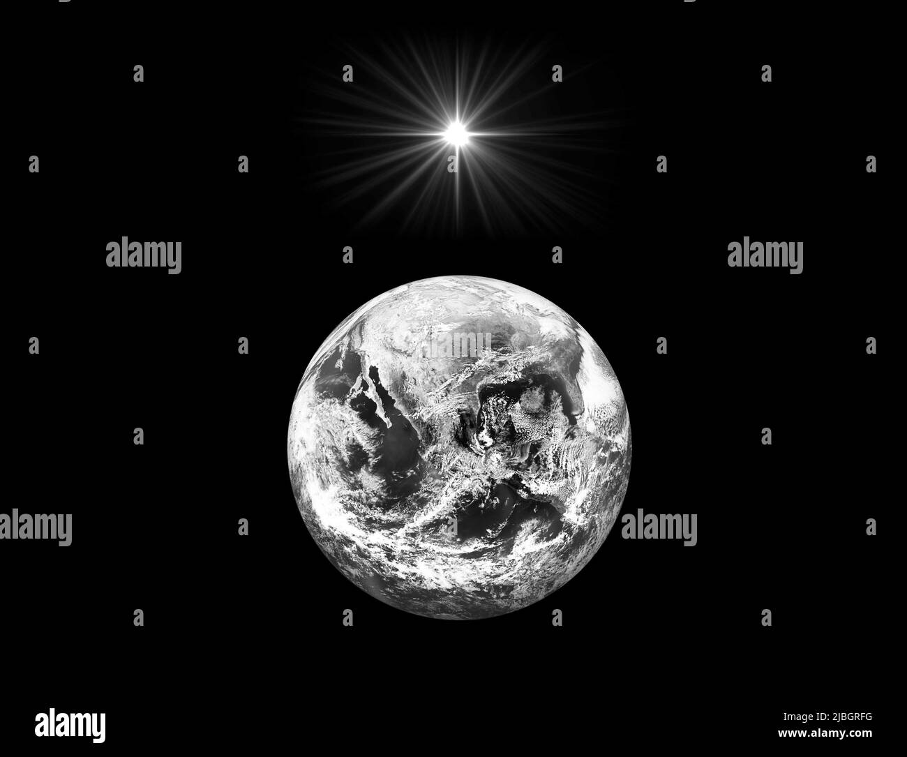 Cielo notturno scuro con stella luminosa sul pianeta Terra. Bianco e nero. Stella di Natale della Natività di Betlemme, natale di Gesù Cristo. Elementi di questo Foto Stock