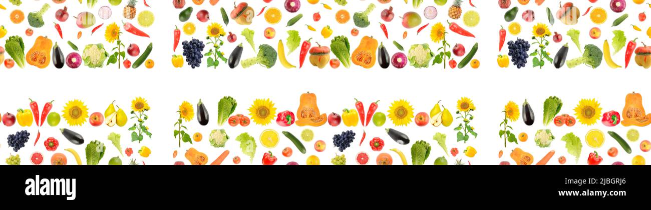 Grande modello senza giunture frutta fresca sana, verdure, bacche isolate su sfondo bianco. Foto Stock