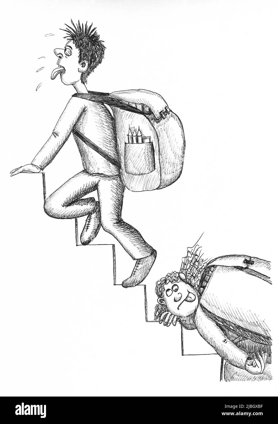 Due studenti saliscono le scale trasportando zaini pesanti. Illustrazione. Foto Stock