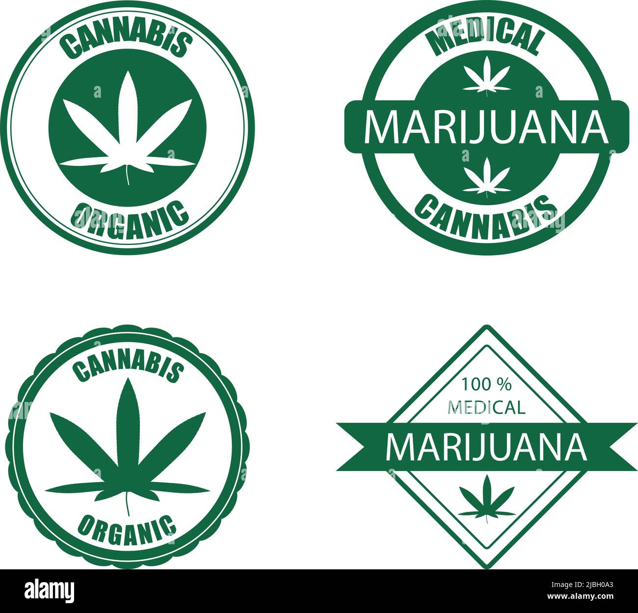 Cannabis medica, marijuana organica etichetta badge per il trattamento. Vettore, illustrazione. Legalizzazione della marijuana medica, adesivi con canapa, medico dr Illustrazione Vettoriale