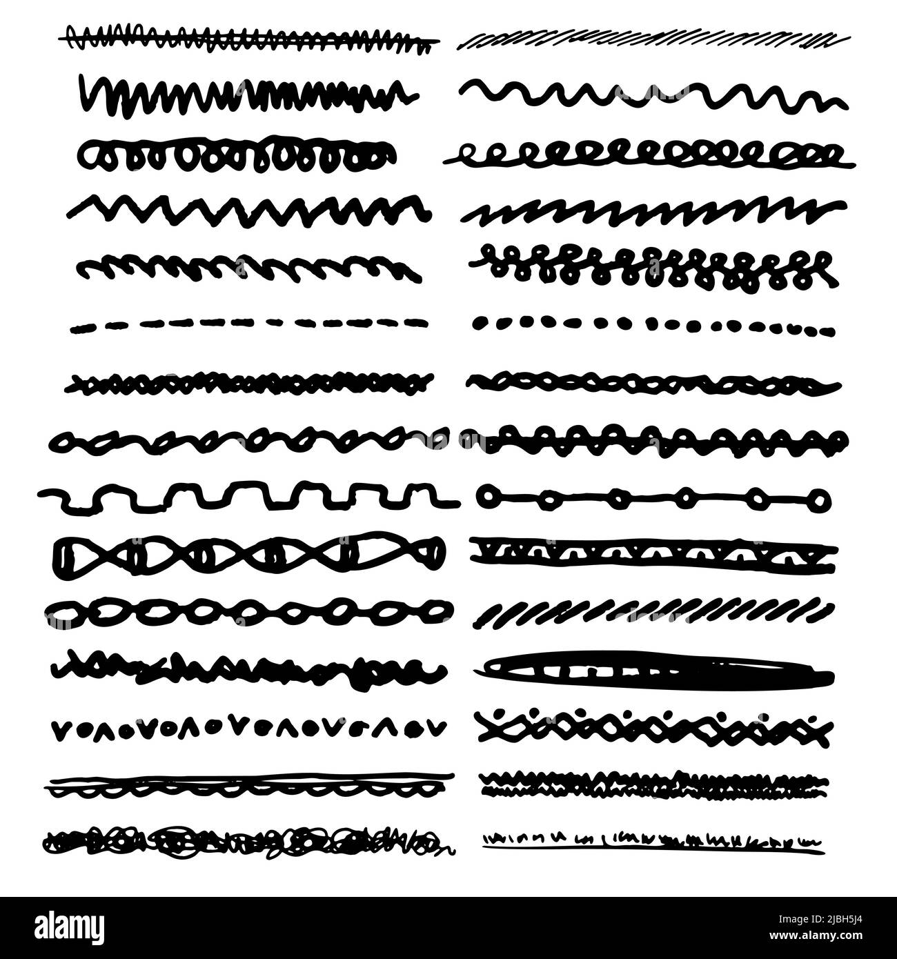 Raccolta di linee disegnate a mano, linee di pennello, pennellate, sottolineature, varie forme di stile doodle, illustrazione vettoriale. Illustrazione Vettoriale