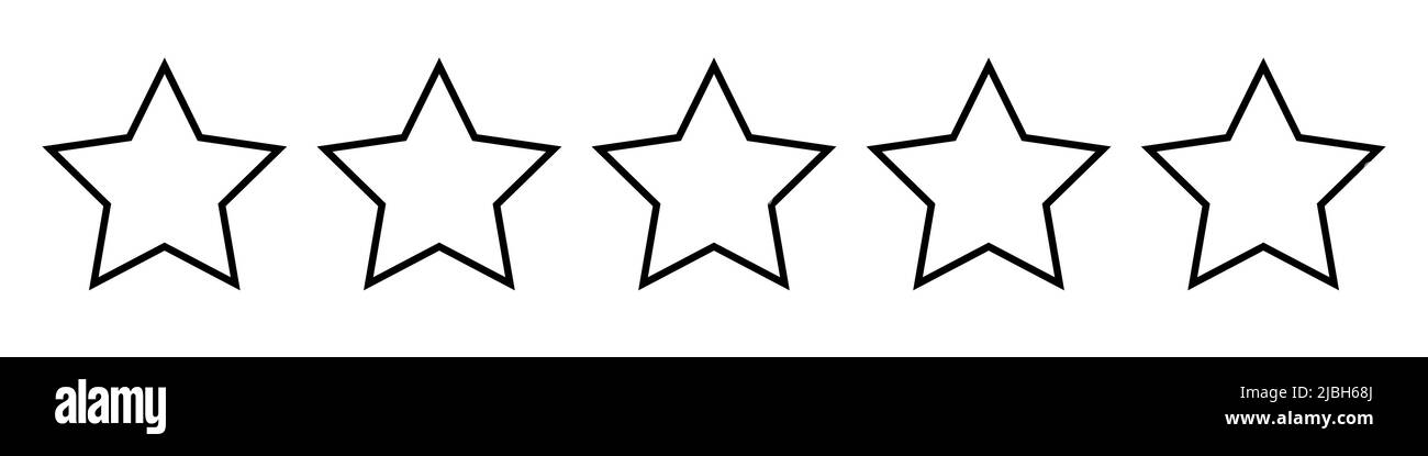 Icona a forma di stella con contorno nero su sfondo bianco. Concetto di feedback dei clienti. Vector 5 stelle valutazione. Design di qualità. Vettore giallo isolato fiv Illustrazione Vettoriale