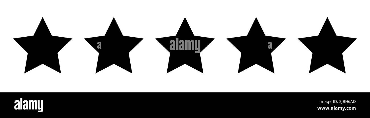 Icona a forma di stella nera su sfondo bianco. Concetto di feedback dei clienti. Vector 5 stelle valutazione. Design di qualità. Vettore giallo isolato cinque stelle. Illustrazione Vettoriale