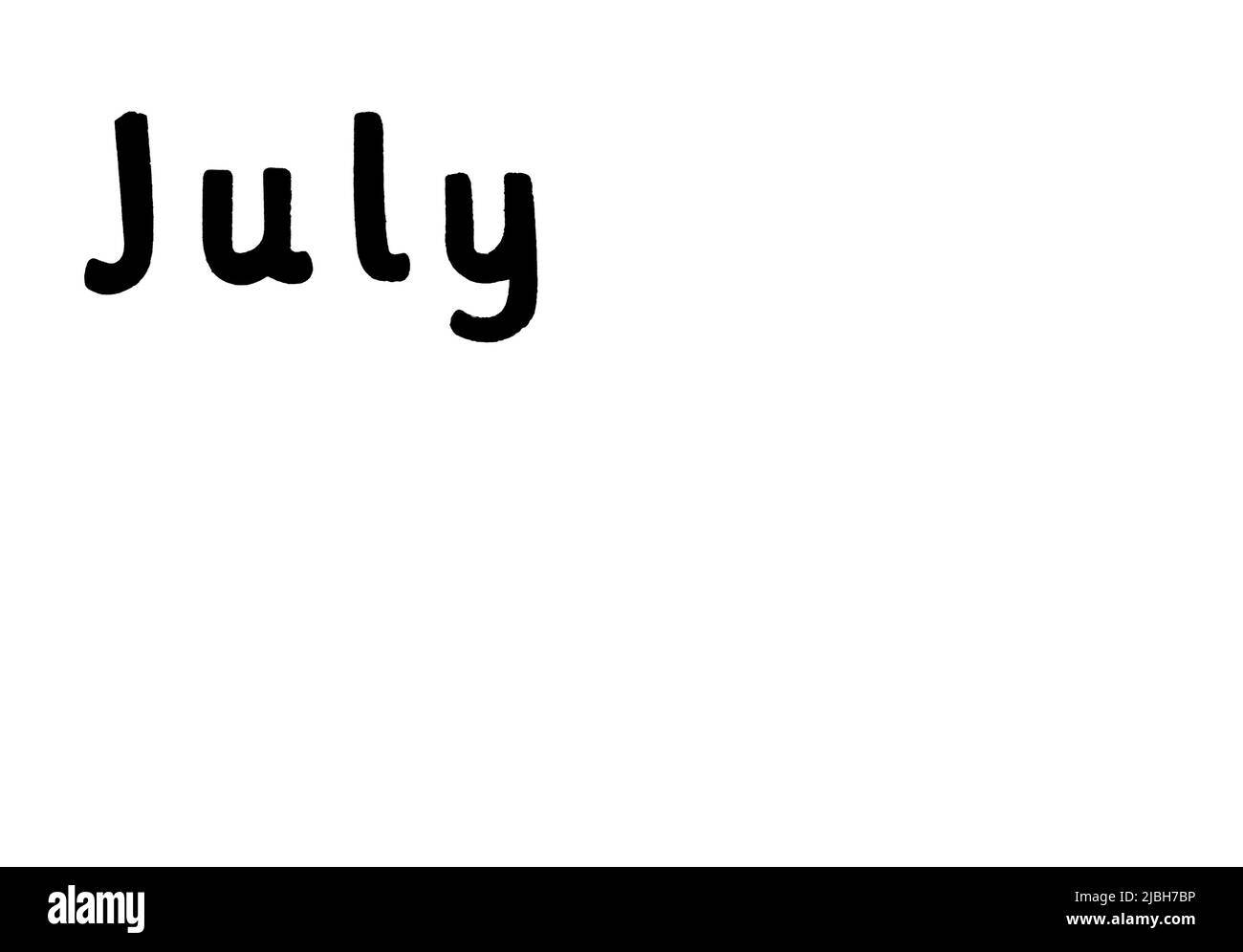 Parola con il nome del mese di luglio in nero su sfondo bianco Foto Stock