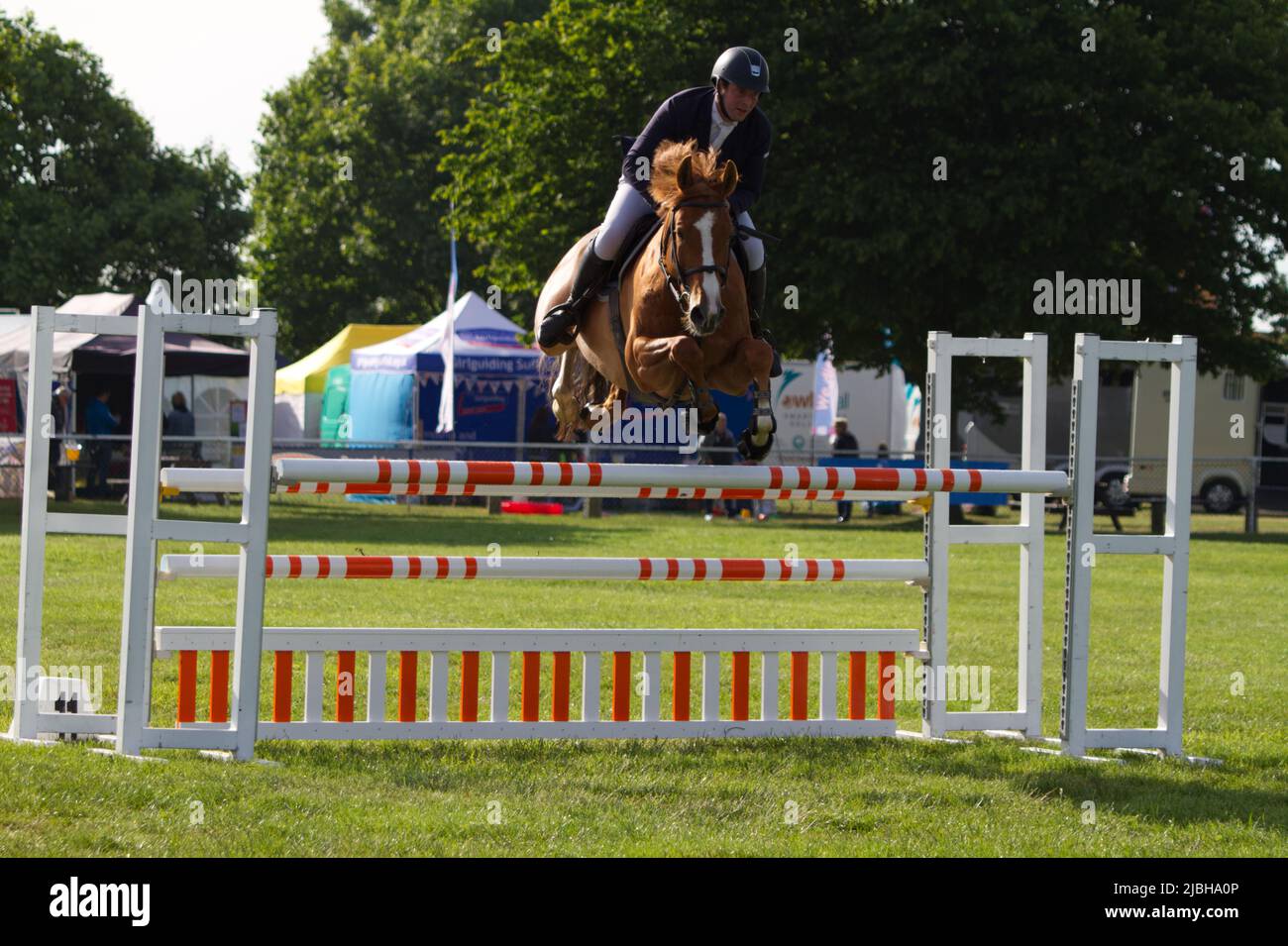 Cavallo e cavaliere a mezz'aria che saltano sopra una recinzione come parte di un giro di show-jumping. Foto Stock