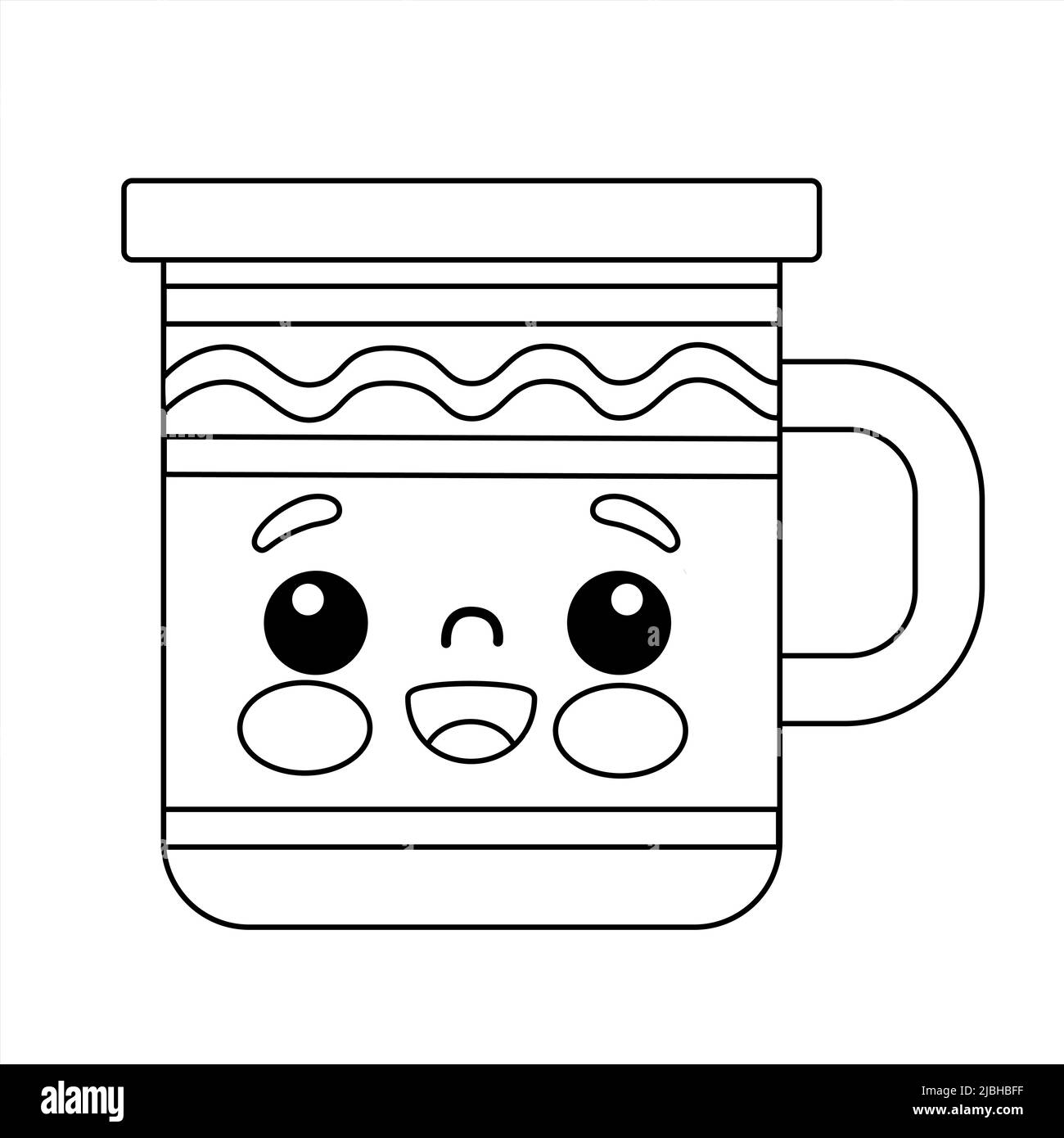 Colorazione per bambini. Tazze rosa Kawaii. Contorno bianco e nero Illustrazione Vettoriale