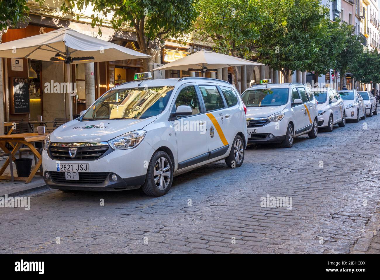 Taxi bianchi Cabs allineato su Una strada a Siviglia Spagna Tele Taxi Servizio Dacia Lodgy Minivan taxi Foto Stock