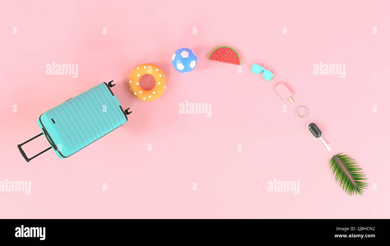 Concetto creativo del processo di imballaggio delle festività. Tutte le necessità per l'estate in valigia carry-on. Sfondo rosa pastello 3D Illustrazione Foto Stock