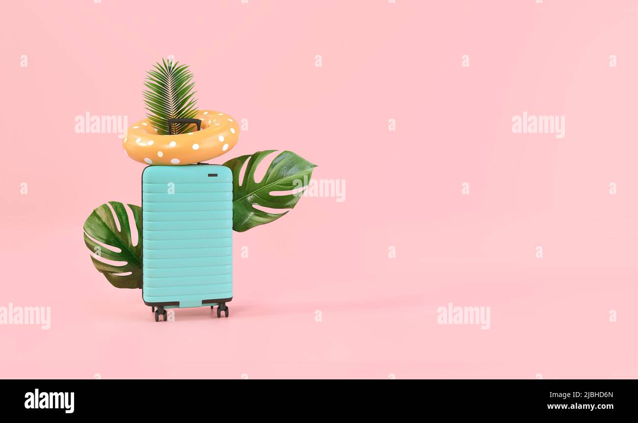 Concetto creativo del processo di imballaggio delle festività. Tutte le necessità per l'estate in valigia carry-on. Sfondo rosa pastello 3D Illustrazione Foto Stock