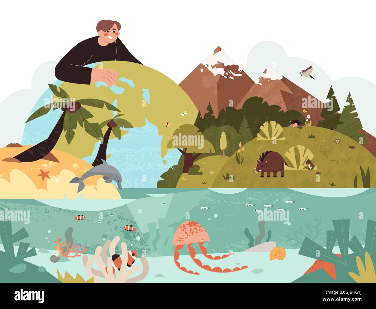 La biodiversità piatta, l'ecosistema terrestre e la diversità della vita del pianeta. Ecologista proteggere la flora e la fauna. Persona salvo di tipi di habitat di animali selvatici, uccelli, pesci dell'oceano, alberi tropicali e foresta. Illustrazione Vettoriale