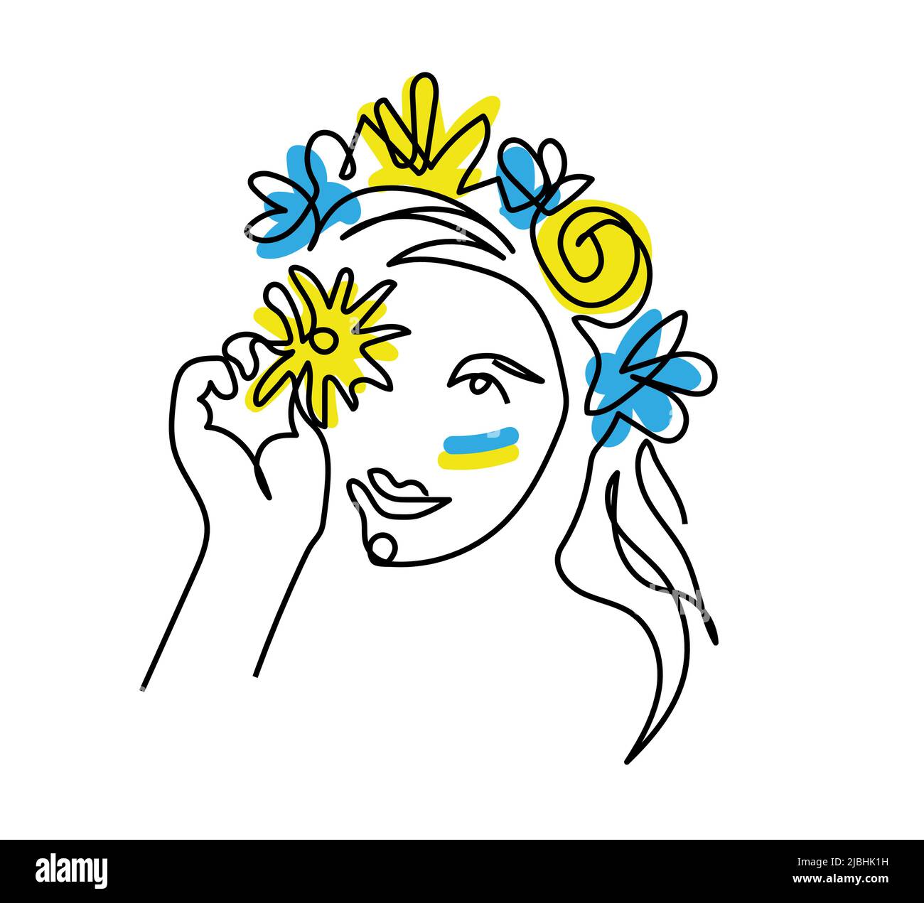 Ucraina ragazza linea disegno d'arte del viso con corona di fiori e bandiera ucraina su una guancia. Moderna illustrazione vettoriale a linea continua della testa della ragazza con Illustrazione Vettoriale