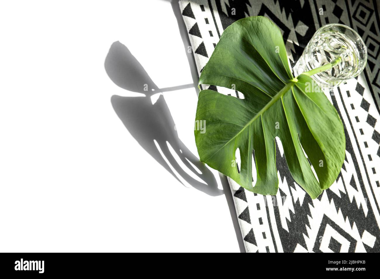 Moda estate modello piatto. Foglia di Monstera con decorazione Foto Stock