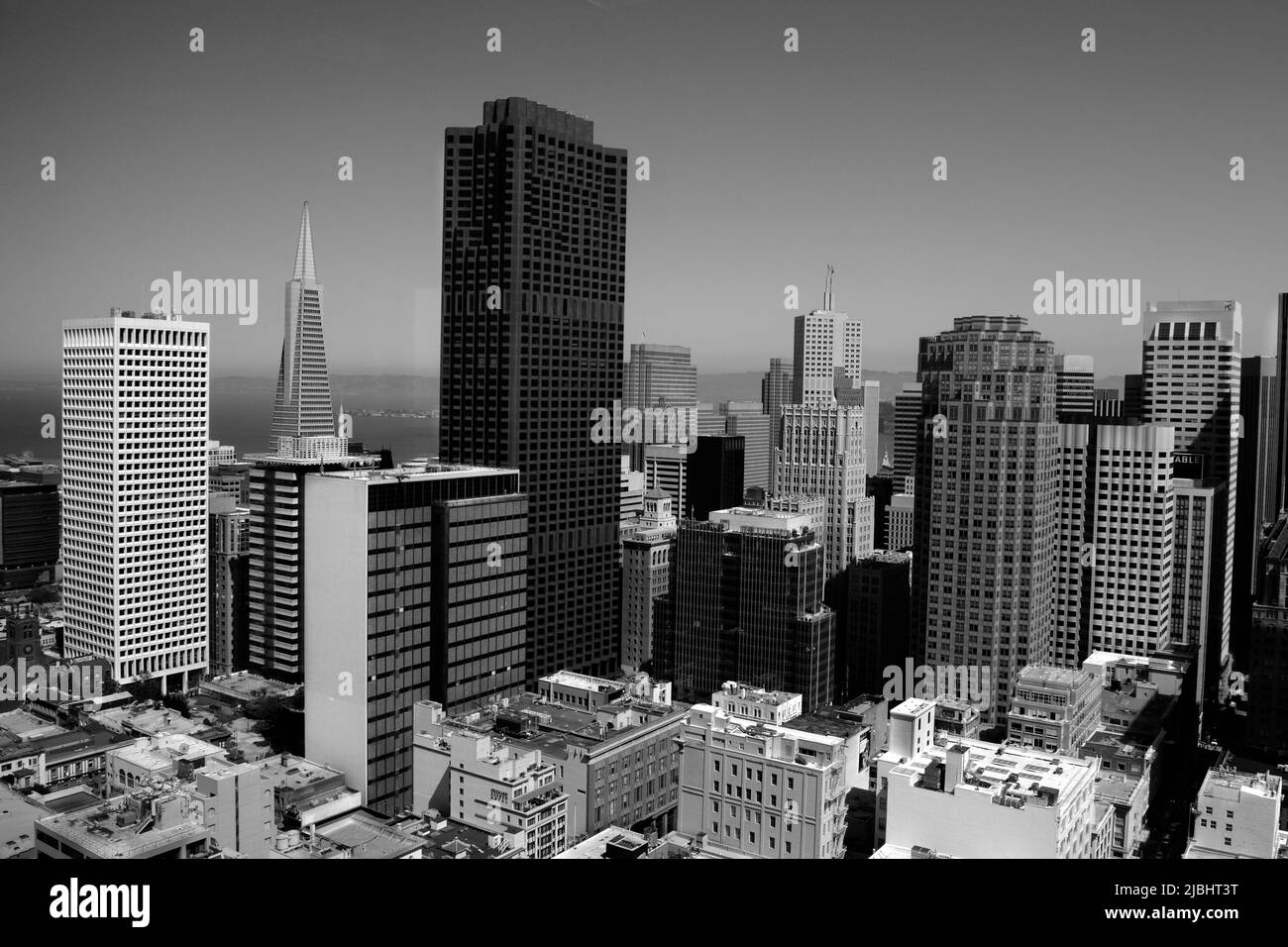 Grattacieli di San Francisco, California, visti da un alto hotel nella Union Square della città. Foto Stock