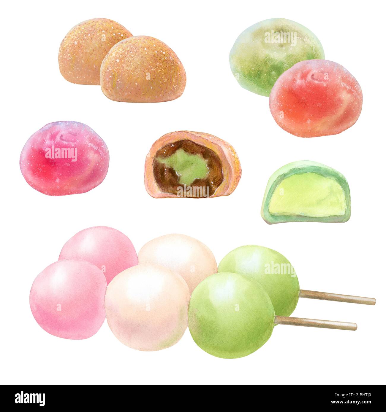 Dessert alimentare, dango, daifuku, mochi, acquerello illustrazione Foto Stock