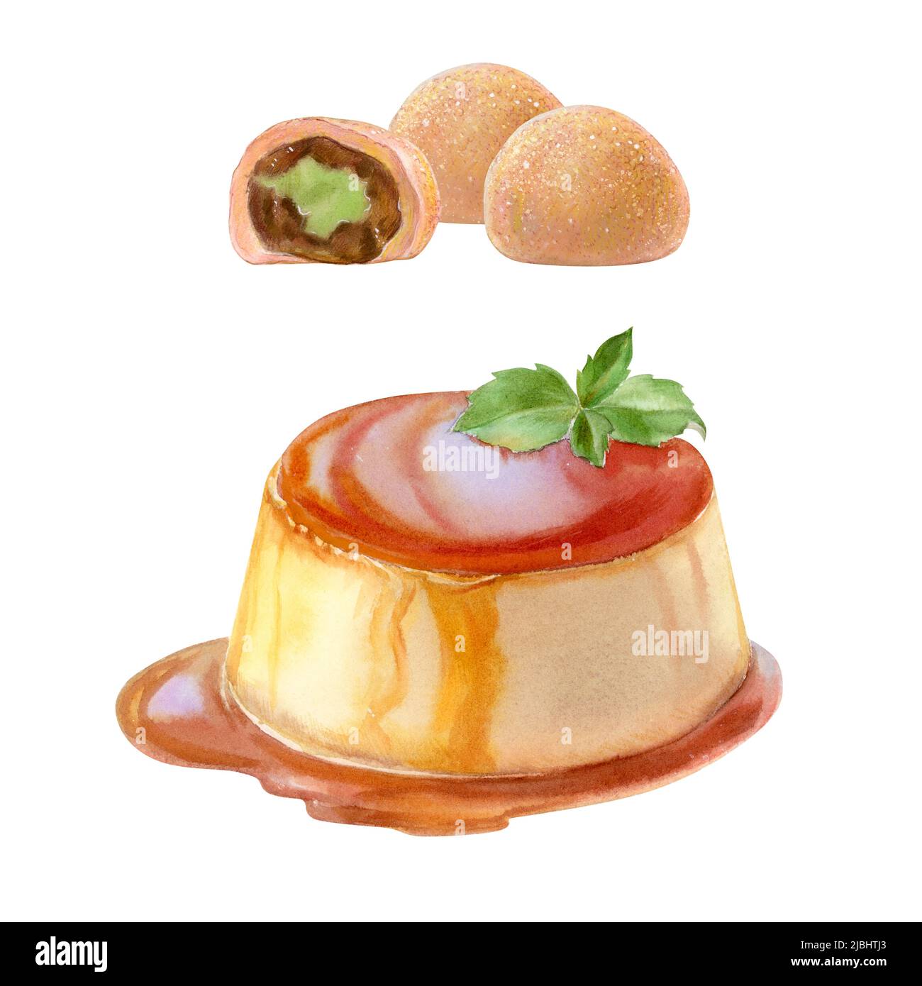 Dessert alimentare, flan, acquerello illustrazione su sfondo bianco Foto Stock