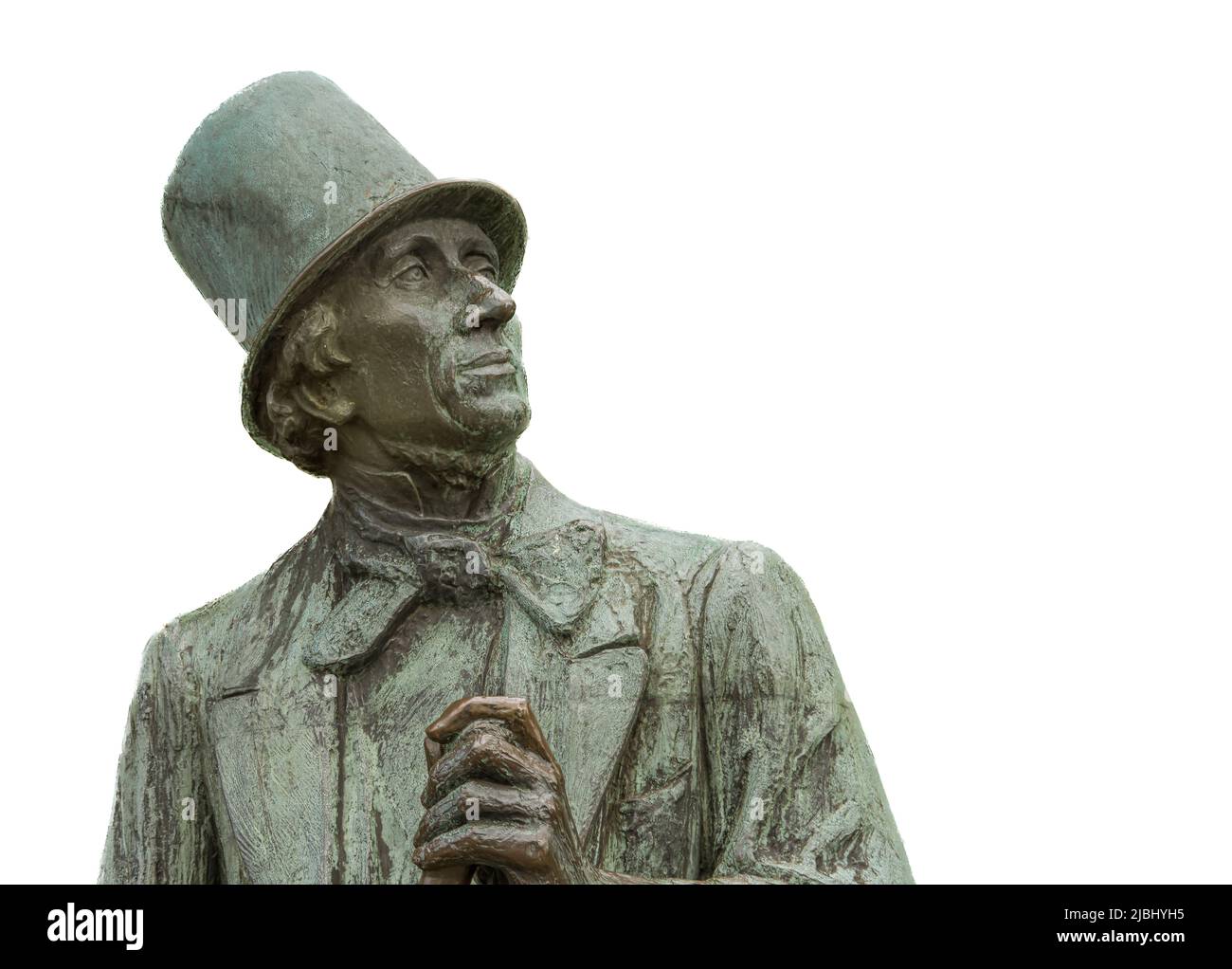Statua in bronzo dello scrittore danese H C Andersen, seduta di fronte a sfondo bianco, Copenaghen Danimarca, 21 maggio 2022 Foto Stock