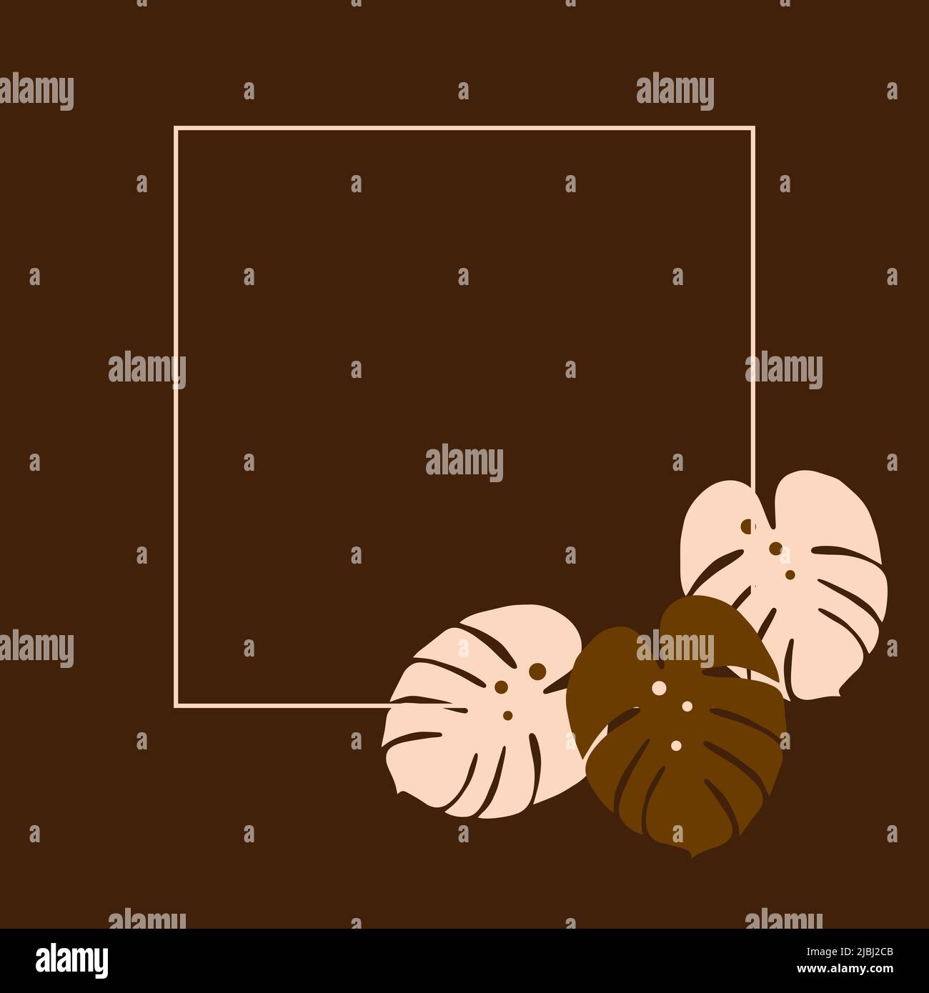 Cornice quadrata con un'immagine astratta di foglie di monstera in tonalità di cioccolato alla moda. CopySpace. Modello. Stile di vita. Esempio di poster, cartolina, biglietto d'auguri, etichetta prezzo, carta da imballaggio. Stile di vita. Illustrazione Vettoriale