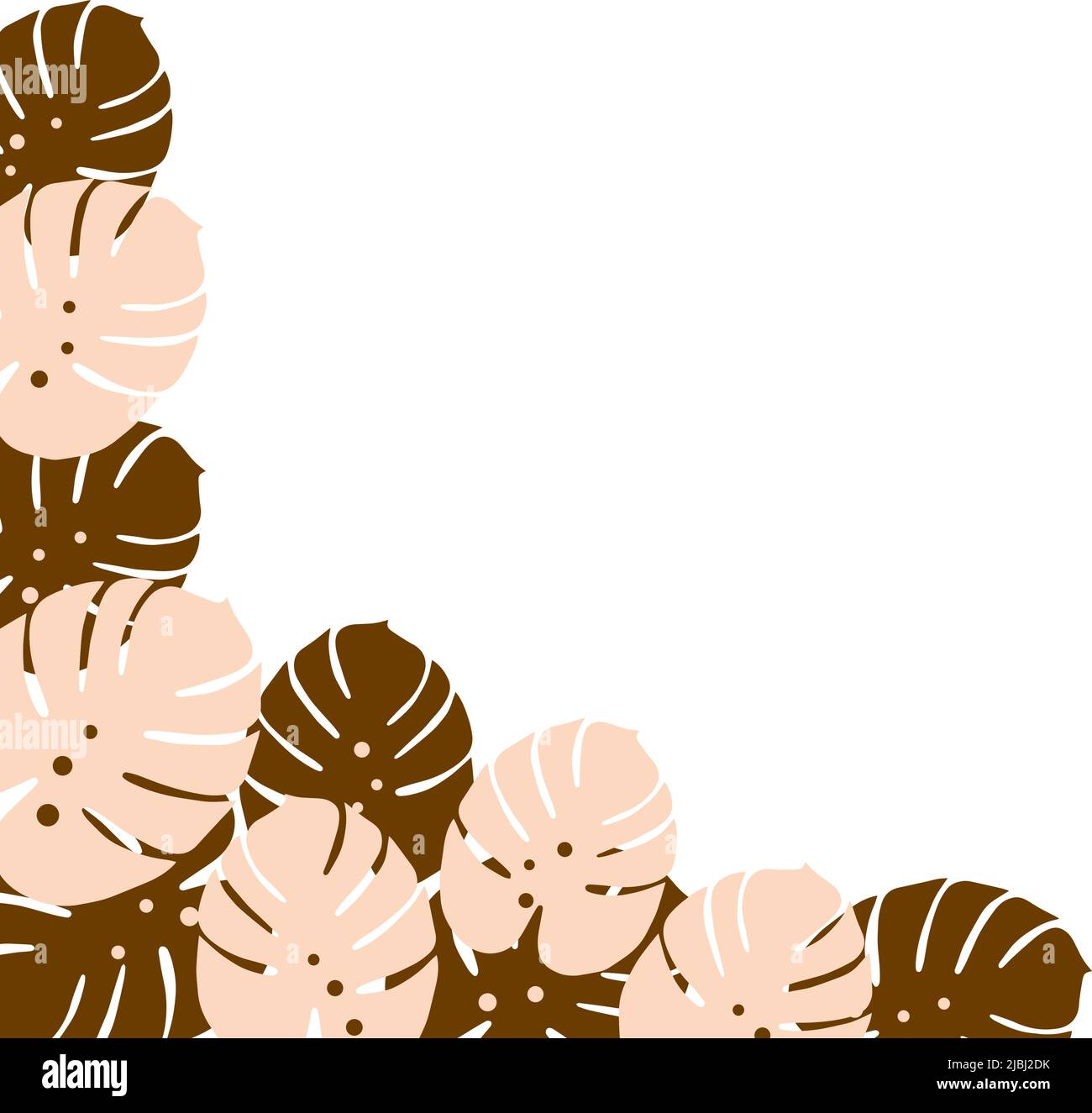 Cornice d'angolo con un'immagine astratta di foglie esotiche di monstera in tonalità di cioccolato alla moda. CopySpace. Modello per poster, cartolina, biglietto d'auguri, etichetta prezzo, banner. Stile di vita. Illustrazione Vettoriale