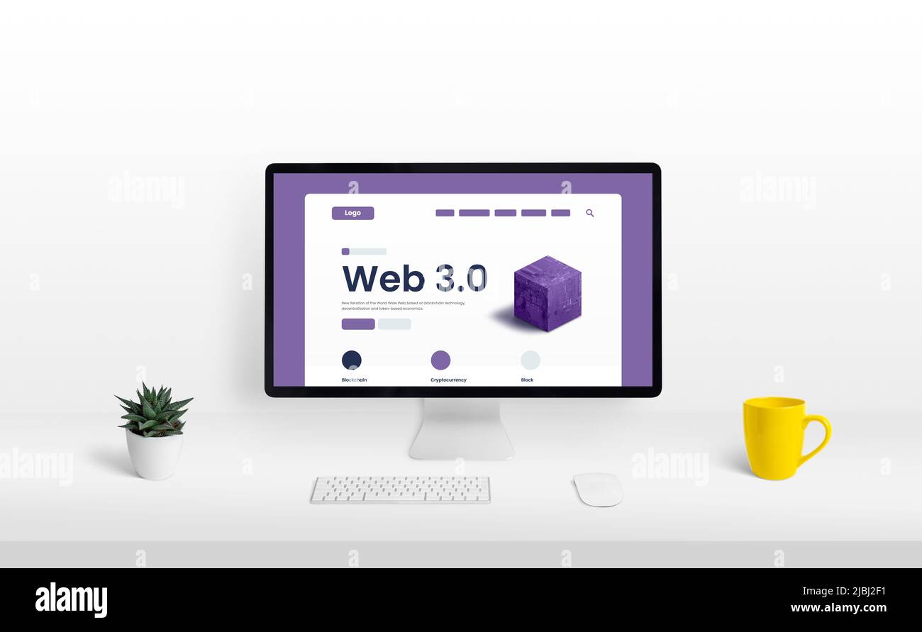Computer display sulla scrivania con il progetto concettuale della presentazione del sito Web 3,0 Foto Stock