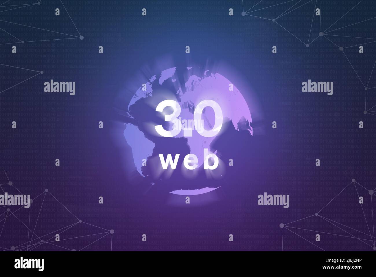 World Wide Web 3,0 basato su tecnologia blockchain e illustrazione del concetto di terra su sfondo viola con nodi di rete Foto Stock