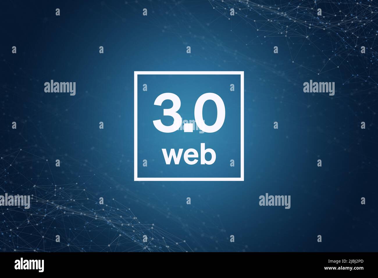 Illustrazione Web 3,0. Testo in frame circondato da nodi di rete su sfondo blu. Foto Stock