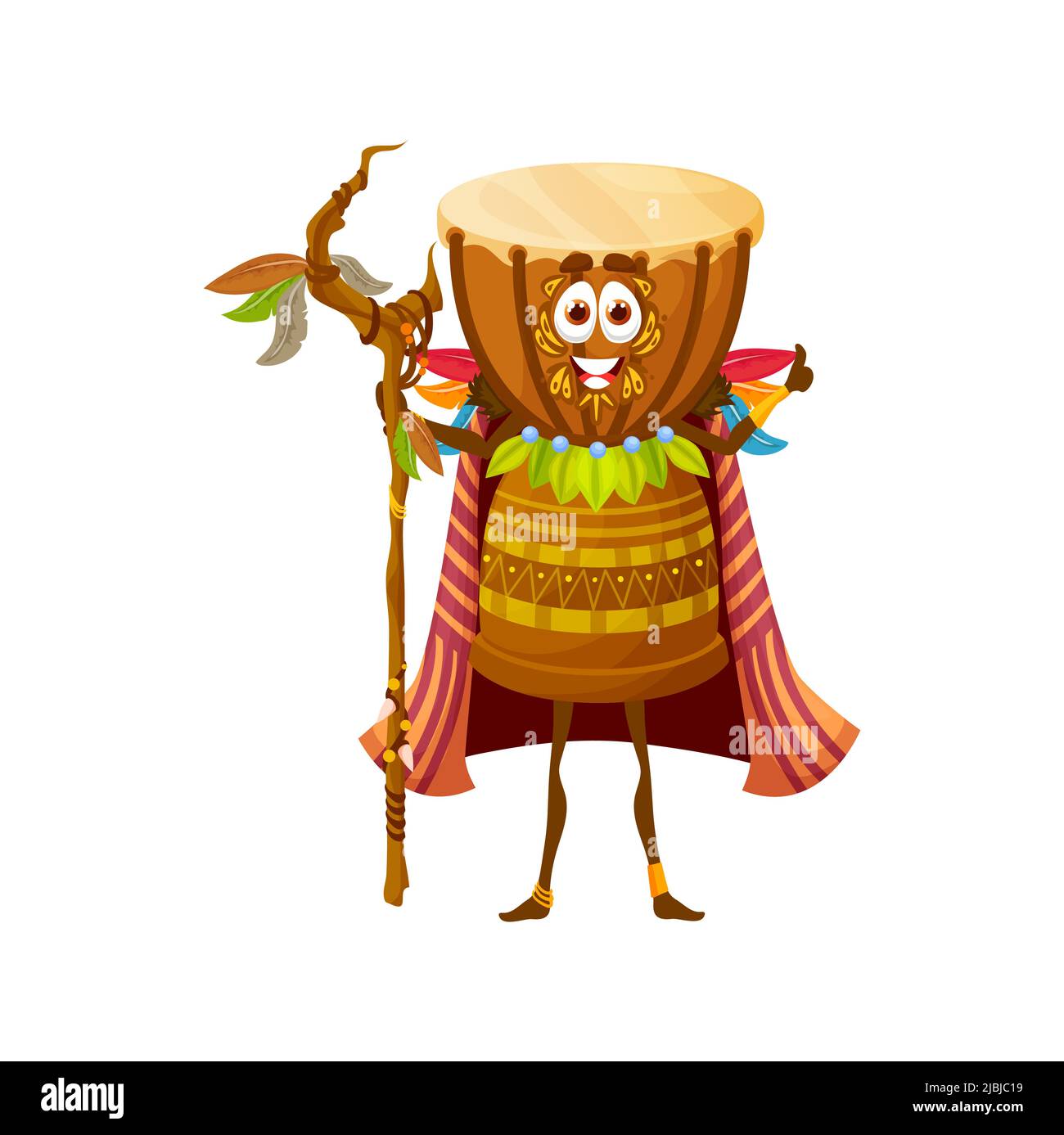 Cartoon african drum witch carattere, isolato vettore djembe voodoo shaman indossare mantello con piume che tiene il personale in legno. Divertente percussione tribale strumento, fiaba bongo drum personage musicale Illustrazione Vettoriale
