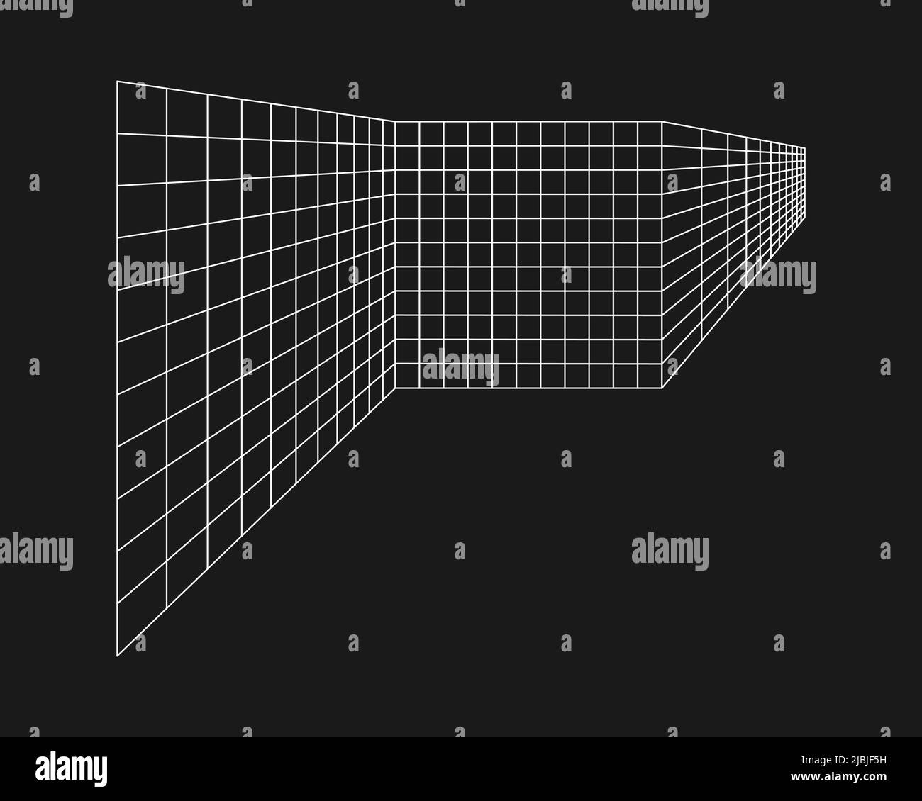 Cyber grid, tunnel rettangolare retrò punk in prospettiva. Geometria del tunnel della griglia su sfondo nero. Illustrazione vettoriale. Illustrazione Vettoriale